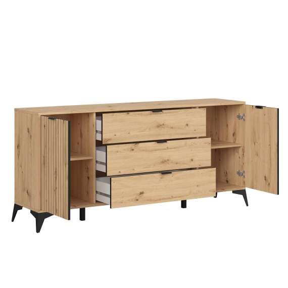 Skjenk Lamea 180x83 cm - 2 dører - 3 skuffer - eik artisan - riller