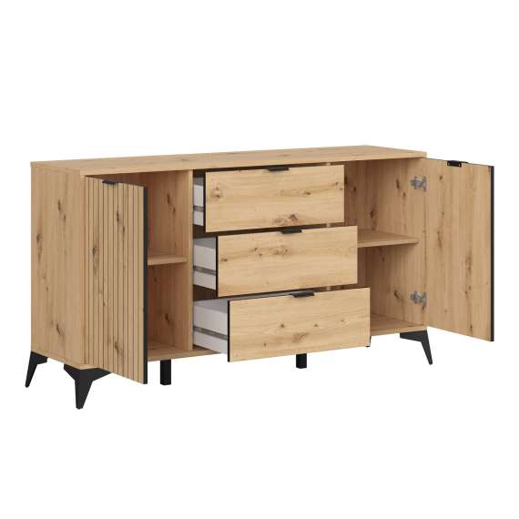 Skjenk Lamea 150x83 cm - 2 dører - 3 skuffer - eik artisan - riller