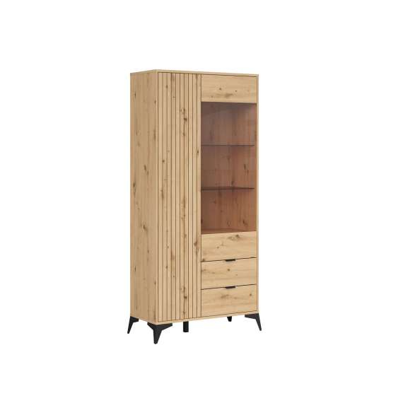 Vitrineskap Lamea 90x197 cm - 2 dører - 2 skuffer - eik artisan - riller