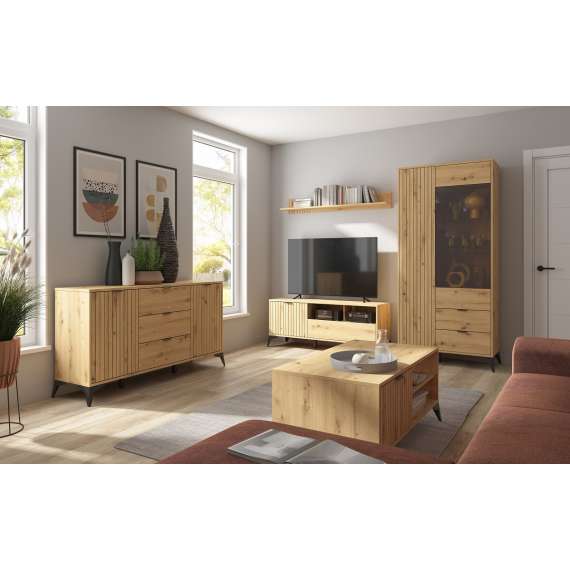 Vitrineskap Lamea 90x197 cm - 2 dører - 2 skuffer - eik artisan - riller