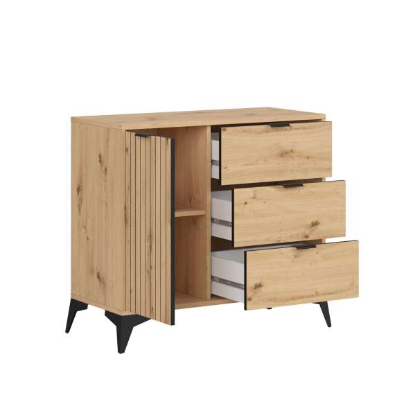 Skjenk Lamea 90x83 cm - 1 dør - 3 skuffer - eik artisan - riller