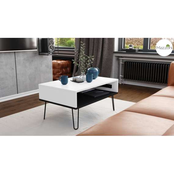 Sofabord Hairpin 90x60 - hvit matt - svart matt - hylle - oppbevaringsplass