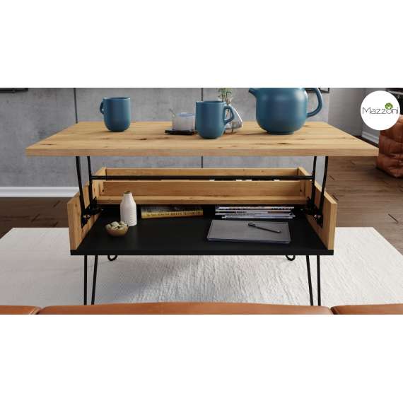 Sofabord Hairpin 90x60 - eik artisan - svart matt - hylle - oppbevaringsplass