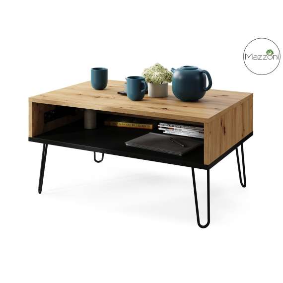 Sofabord Hairpin 90x60 - eik artisan - svart matt - hylle - oppbevaringsplass