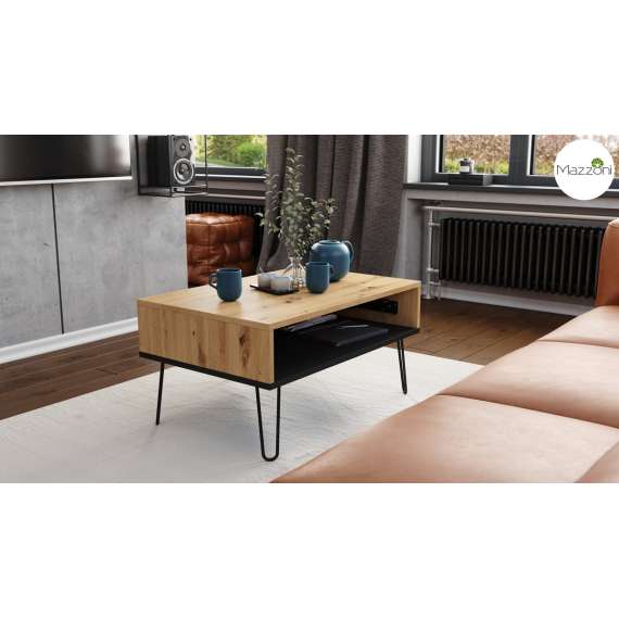 Sofabord Hairpin 90x60 - eik artisan - svart matt - hylle - oppbevaringsplass