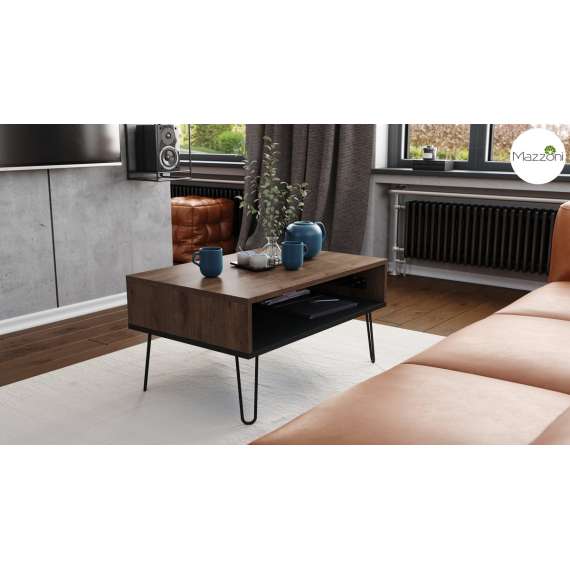 Sofabord Hairpin 90x60 - eik brun - svart matt - hylle - oppbevaringsplass