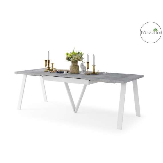 Spisebord Avery 140-290 cm - betong - hvit ben - 3 ileggsplate