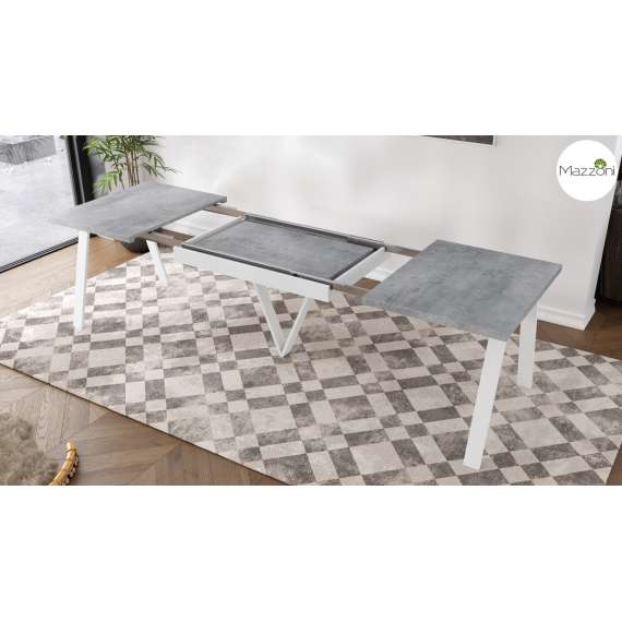 Spisebord Avery 140-290 cm - betong - hvit ben - 3 ileggsplate