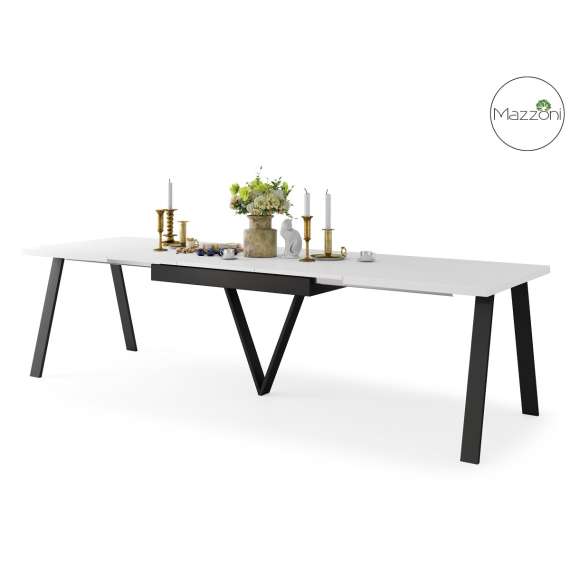 Spisebord Avery 140-290 cm - hvit matt - svart ben - 3 ileggsplate