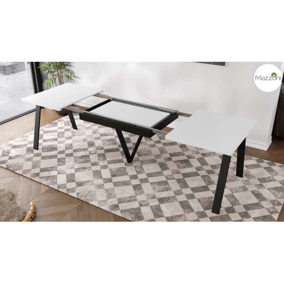 Spisebord Avery 140-290 cm - hvit matt - svart ben - 3 ileggsplate