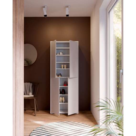 Stort skoskap Alice 74x192 - lys grå matt - 4 dører - hyller