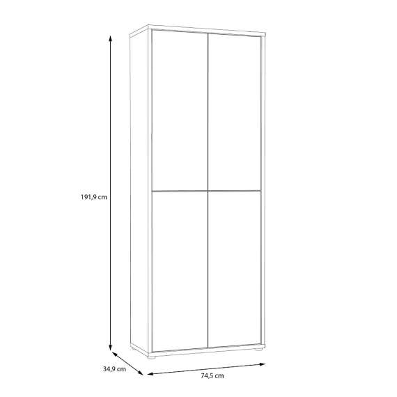 Stort skoskap Alice 74x192 - lys grå matt - 4 dører - hyller