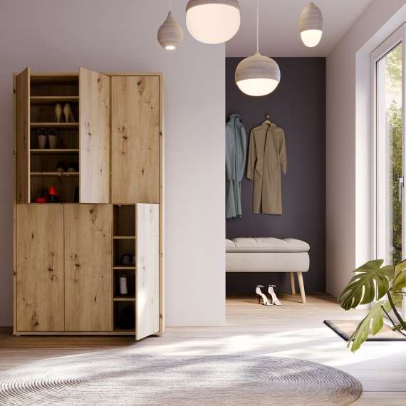 Stort skoskap Alice 109x192 - eik artisan - 6 dører - hyller