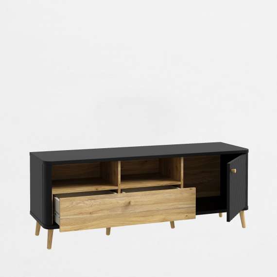 Tv-benk Fixsmile 138x53 cm - 1 dør - 1 skuff - eik mauvella - svart matt - riller