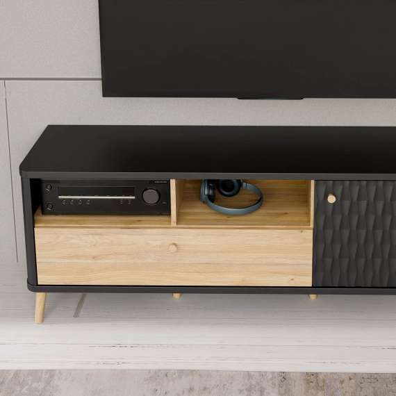 Tv-benk Fixsmile 138x53 cm - 1 dør - 1 skuff - eik mauvella - svart matt - riller