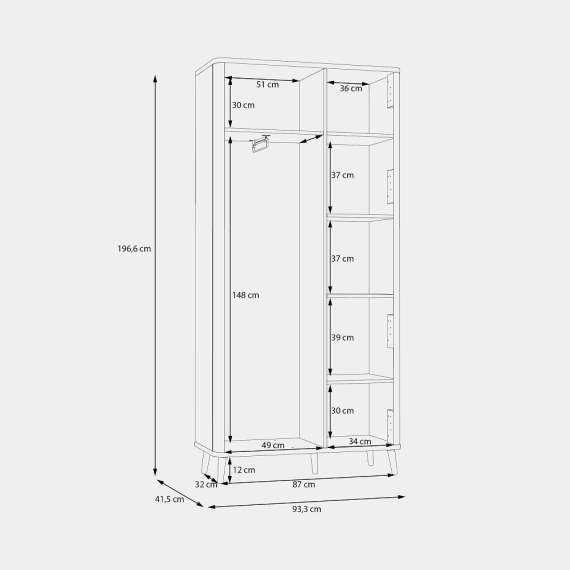 Garderobeskap Fixsmile 93x197 cm - 2 dører - eik mauvella - svart matt - riller