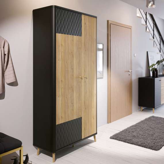 Garderobeskap Fixsmile 93x197 cm - 2 dører - eik mauvella - svart matt - riller