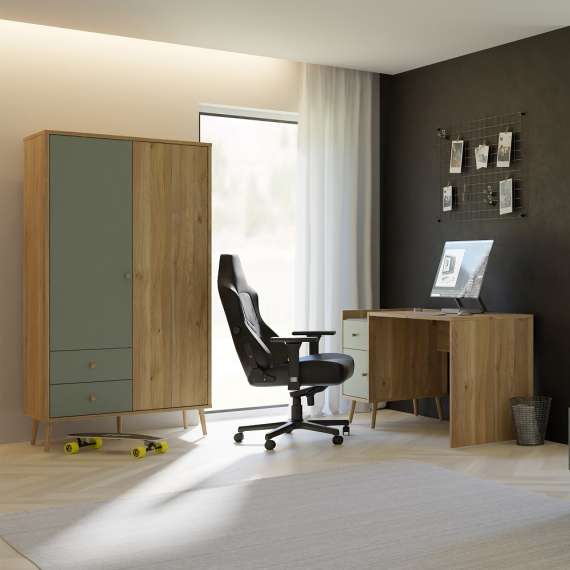 Skrivebord Wenua 140x60 cm - 1 skuff - 1 dør - eik - salvie grønn