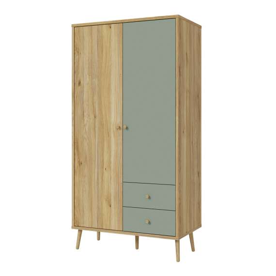 Garderobeskap Wenua 94x186 cm - 2 skuffer - 2 dører - eik - salvie grønn