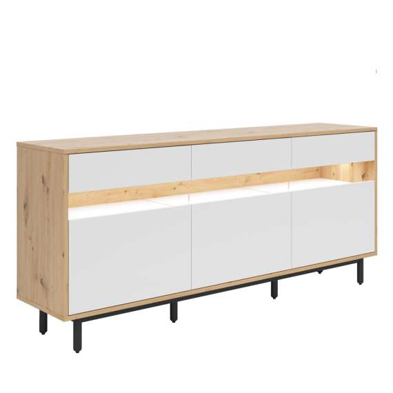 Skjenk Gap - 190x85 cm - 3 dører - 3 skuffer - eik artisan - hvit matt