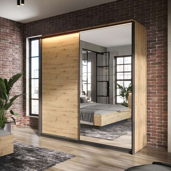 Garderobeskap Quant 220x221 cm - eik og sort - skyvedører