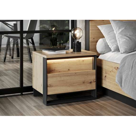 Nattbord Quant 55x48 cm - eik og sort - med 2 skuffer