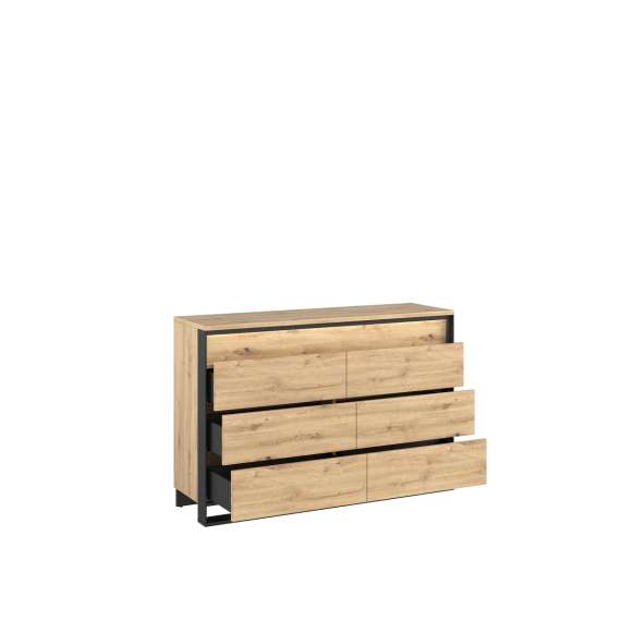 Kommode Quant 133x91 cm - eik og sort - med 6 skuffer