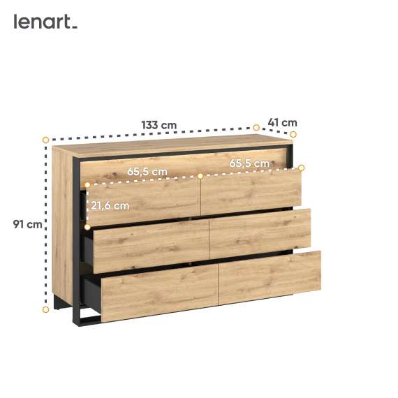 Kommode Quant 133x91 cm - eik og sort - med 6 skuffer