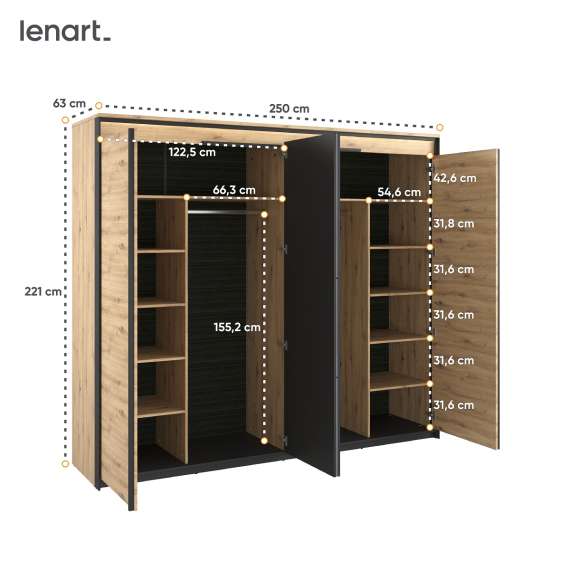 Garderobeskap Quant 250x221 cm - eik og sort - 4 dører