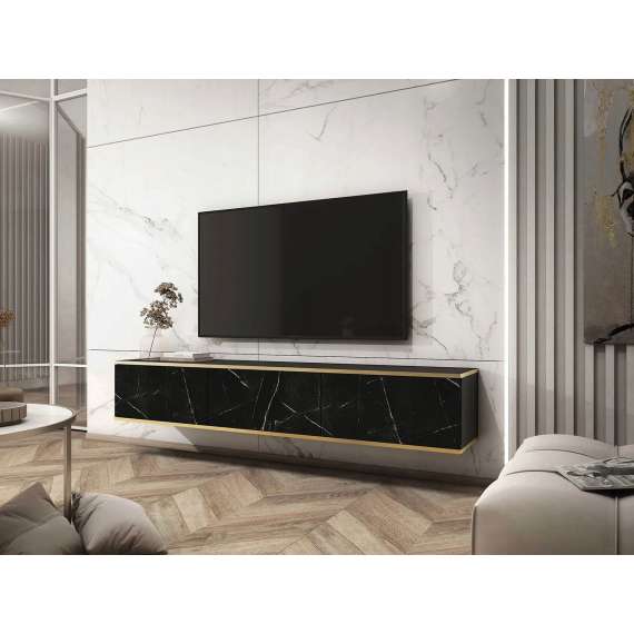 Tv-benk Oro 175x30 cm - Vegghengt - 3 dører - marmorlook