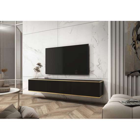 Tv-benk Oro 175x30 cm - Vegghengt - 3 dører - sort matt