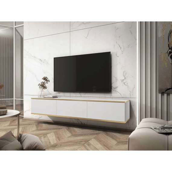 Tv-benk Oro 175x30 cm - Vegghengt - 3 dører - hvit