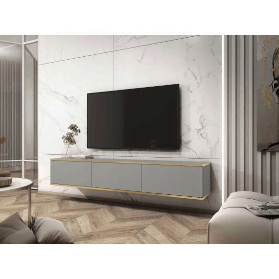 Tv-benk Oro 175x30 cm - Vegghengt - 3 dører - grå matt