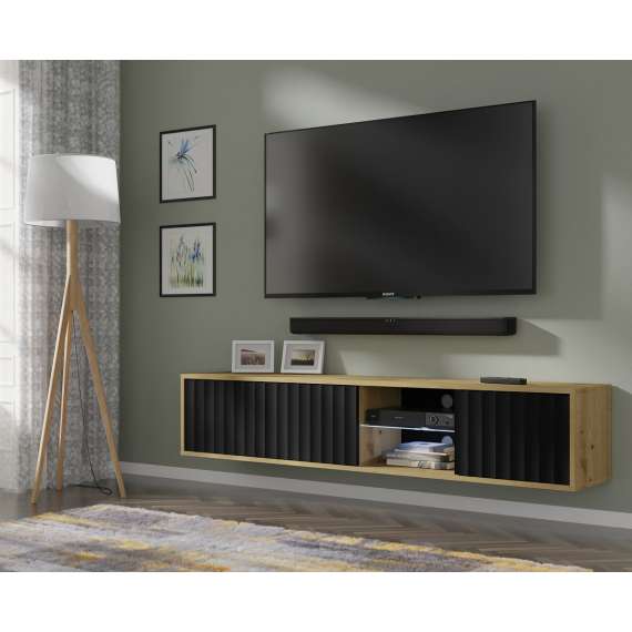 Tv-benk Vina 156x31 cm - eik artisan - svart matt - 3 dører - hyller - vegghengt
