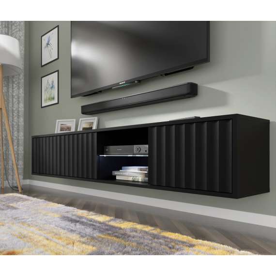 Tv-benk Vina 156x31 cm - svart matt - 3 dører - hyller - vegghengt