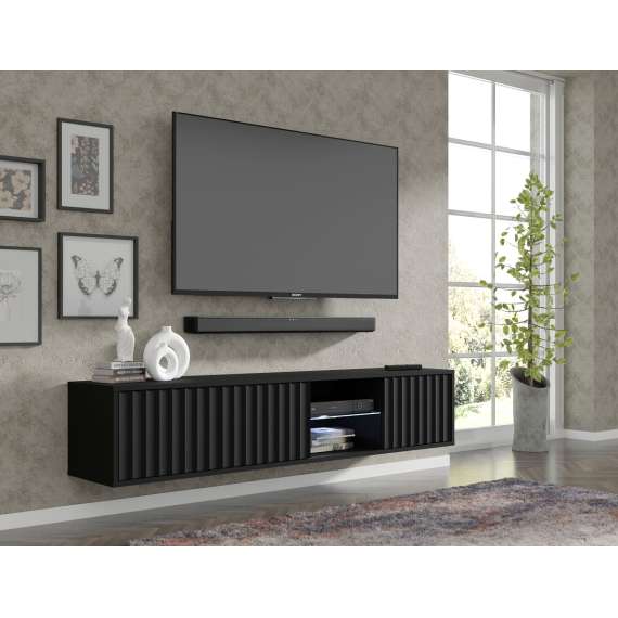Tv-benk Vina 156x31 cm - svart matt - 3 dører - hyller - vegghengt