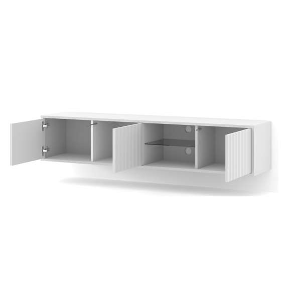 Tv-benk Vina 156x31 cm - hvit matt - 3 dører - hyller - vegghengt