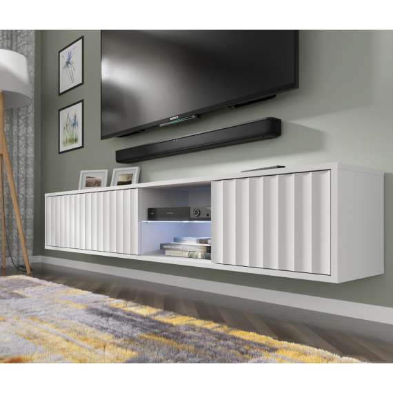 Tv-benk Vina 156x31 cm - hvit matt - 3 dører - hyller - vegghengt