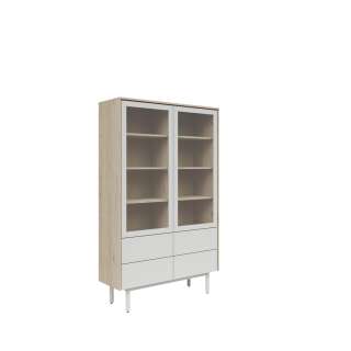 Vitrineskap Ema - 105x147 cm - 2 dører - 4 skuffer - valnøtt hickory - lys grå