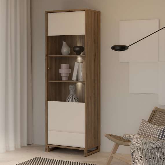 Vitrineskap Mareda - 65x196 cm - 1 dør - eik valencia - sand matt