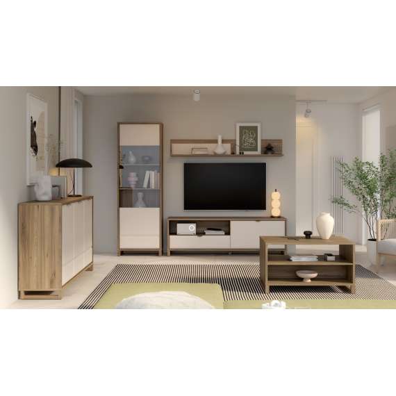 Vitrineskap Mareda - 65x196 cm - 1 dør - eik valencia - sand matt