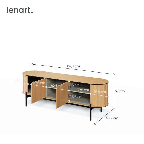 Tv-benk Rotto 168x57 cm - eik - med 2 dører og hyller