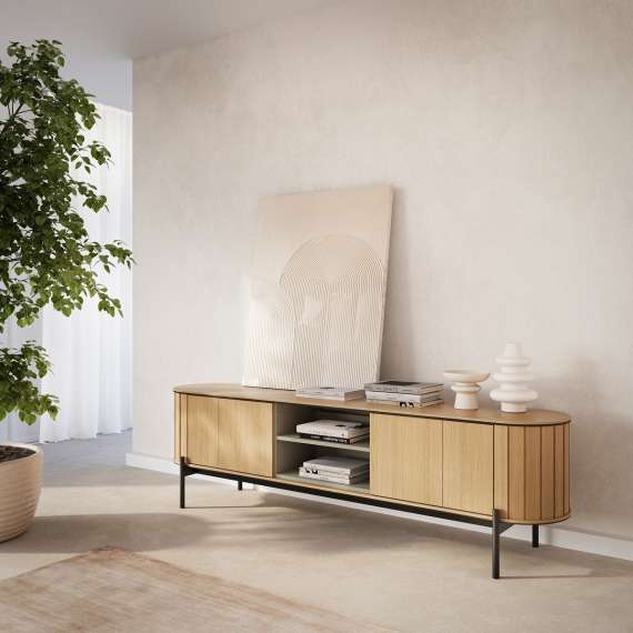 Tv-benk Rotto 200x57 cm - eik - med 2 dører og hyller