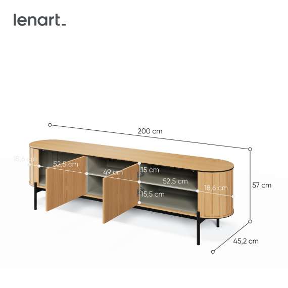 Tv-benk Rotto 200x57 cm - eik - med 2 dører og hyller