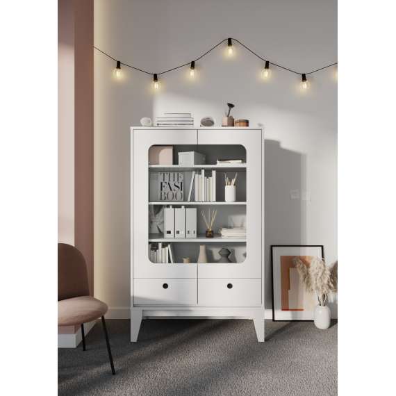 Vitrineskap Femmi 92x147 cm - hvit matt - 2 dører - 2 skuffer