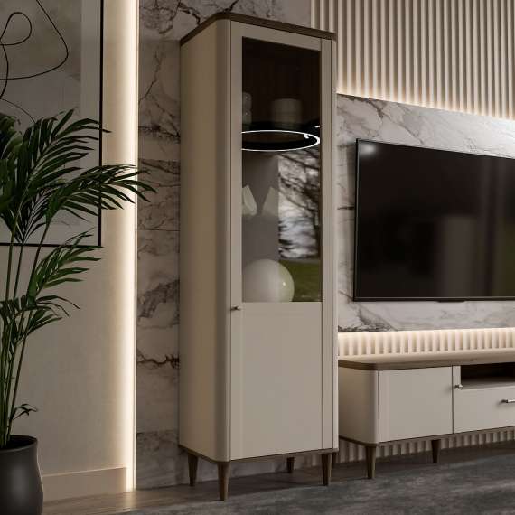 Vitrineskap Lacetti 60x200 cm - 1 dør -  eik valencia - beige sand - avrundede kanter