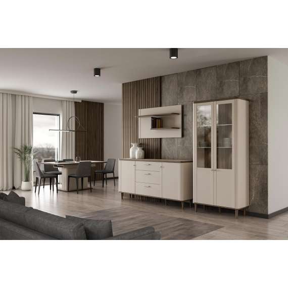 Vitrineskap Lacetti 90x200 cm - 2 dører -  eik valencia - beige sand - avrundede kanter