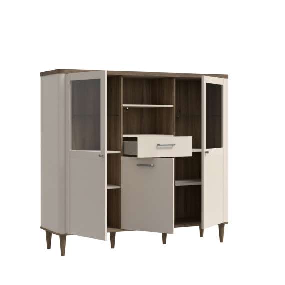 Vitrineskap Lacetti 143x145 cm - 3 dører - 1 skuff -  eik valencia - beige sand - avrundede kanter