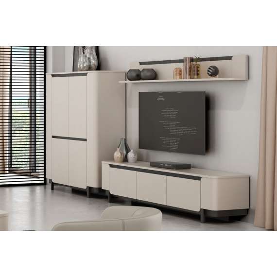 Tv-benk Vodol 205x50 cm - 3 dører - beige sand - svart matt - avrundede kanter