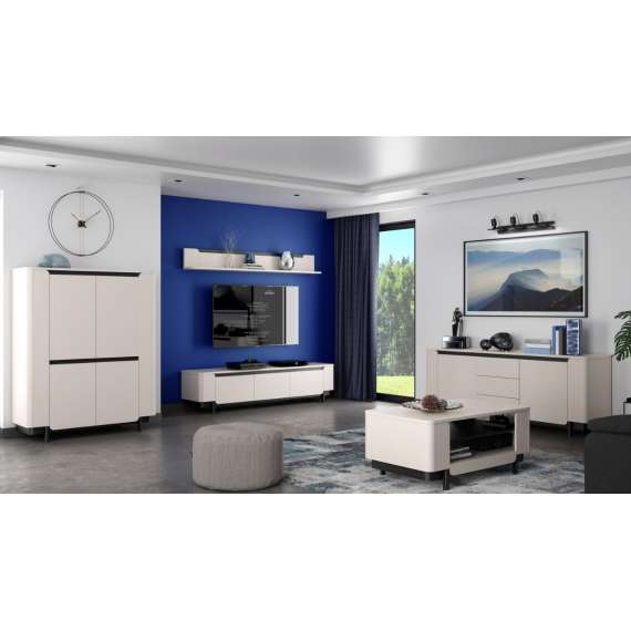 Tv-benk Vodol 205x50 cm - 3 dører - beige sand - svart matt - avrundede kanter